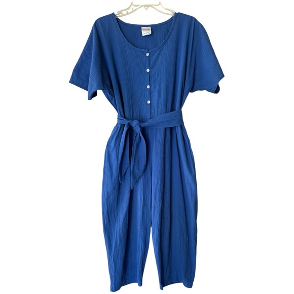 Vtg 90s Button Front Belted Jumpsuit Sz 16 18 Royal Blue Capri Crop Short Sleeve - Picture 9 of 9